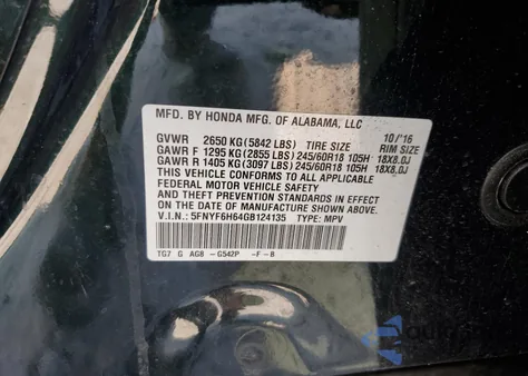 2016 Honda Pilot Exl from USA, damaged, VIN 5FNYF6H64GB124135